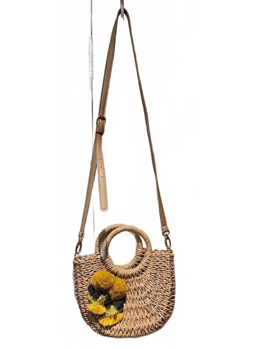 Imoshion 2 Way Handbag Raffia Style Clutch Or Crossbody Pom & Fringe Trim
